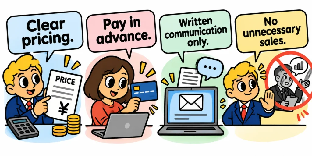 Clear pricing. Pay in advance. Written communication only. No unnecessary sales.